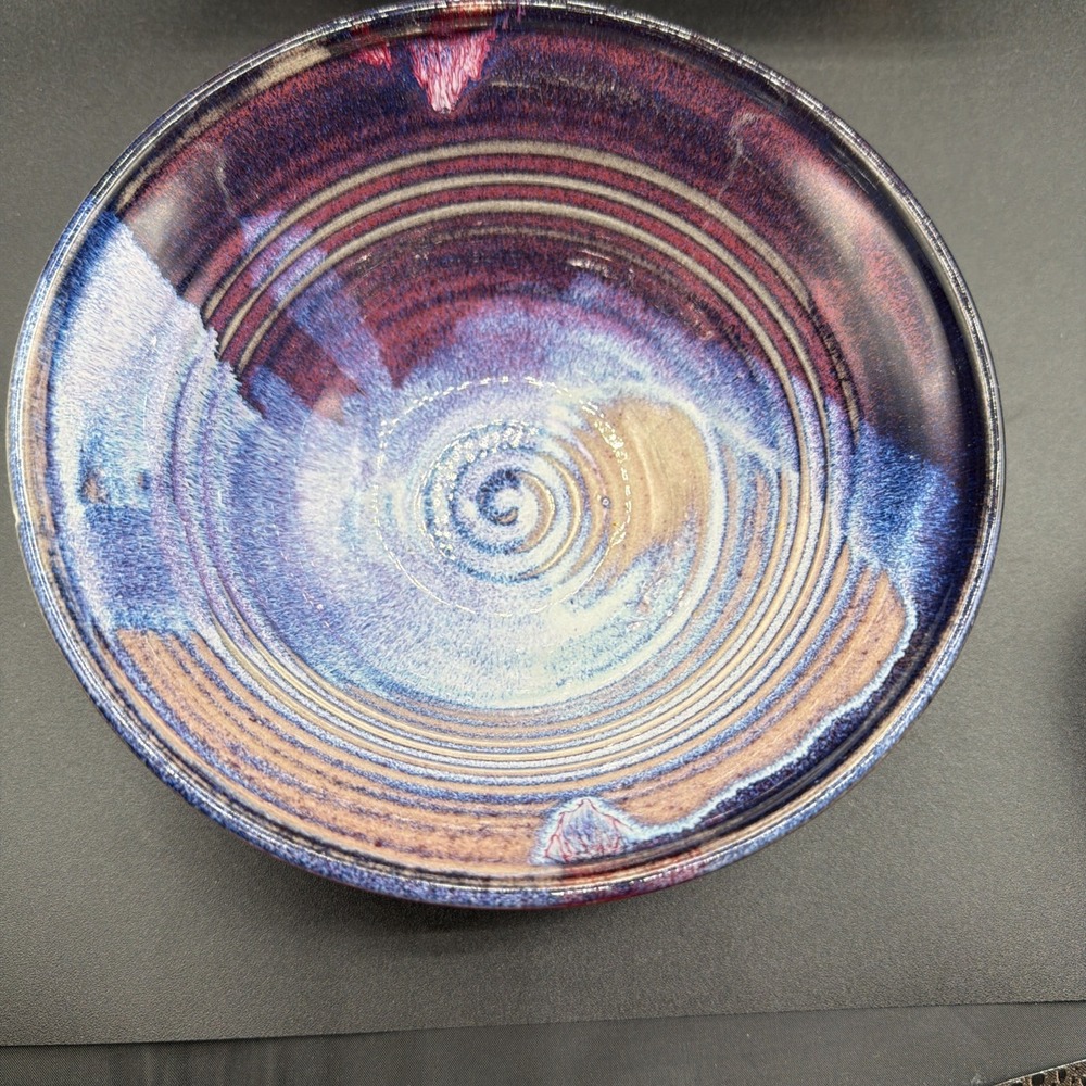 VTG Studio Art Pottery Ceramic Hand Made Plum Indigo Decorative Bowl 7" Signed - Picture 4 of 6